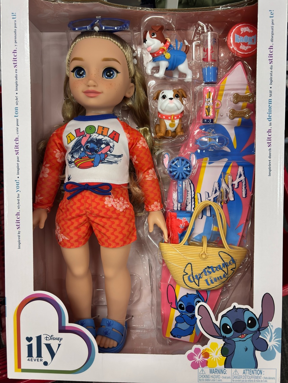 Disney Stitch Aloha Surf Doll in Orange & Blue Outfit with Beach Accessories